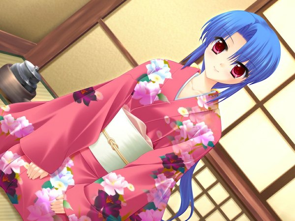 Anime picture 1024x768 with underbar summer ebizuka shino red eyes blue hair game cg girl yukata