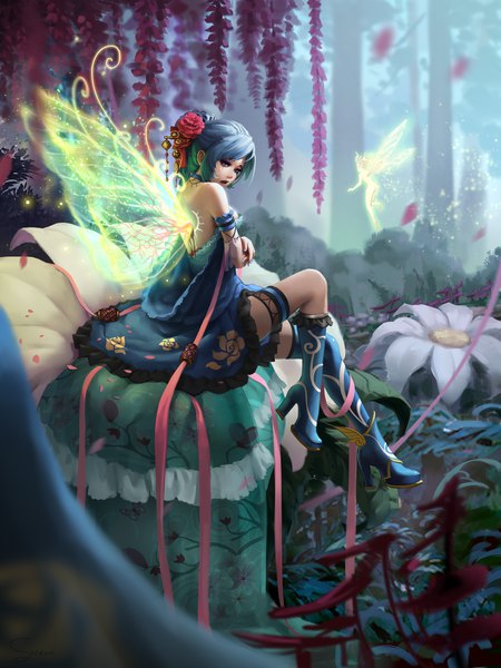 Anime picture 1500x2000 with original sarena long hair tall image looking at viewer open mouth blue eyes sitting bare shoulders blue hair bent knee (knees) nail polish looking back hair flower from behind high heels tears turning head solo focus crossed arms