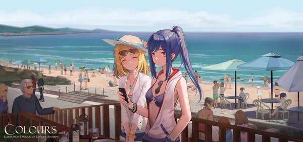 Anime picture 1906x898 with love live! sunshine!! sunrise (studio) love live! matsuura kanan ohara mari huanxiang heitu long hair looking at viewer blush fringe highres short hair breasts black hair blonde hair smile brown hair wide image standing purple eyes