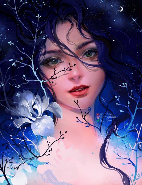 Anime picture 1000x1300 with original jyundee single long hair tall image green eyes signed blue hair head tilt lips realistic night night sky lipstick watermark face red lipstick crescent girl flower (flowers)