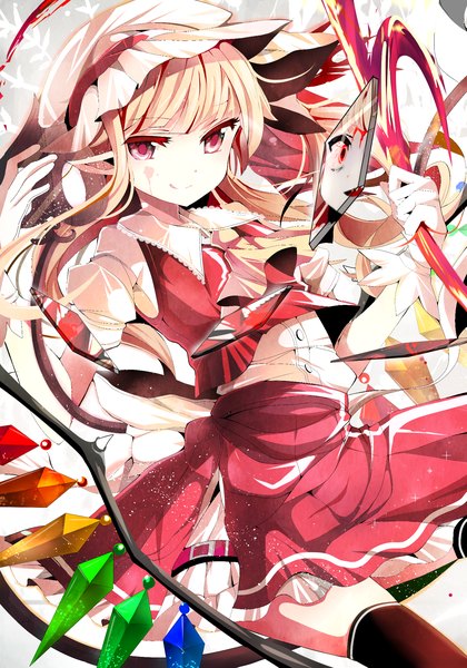 Anime picture 1505x2149 with touhou flandre scarlet fumiko (miruyuana) single long hair tall image looking at viewer blonde hair smile red eyes pointy ears reflection broken glass girl thighhighs skirt bow weapon black thighhighs shirt