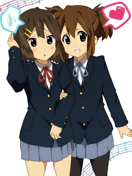 Anime picture 768x1024 with k-on! kyoto animation hirasawa yui suzuki jun amano kouki tall image blush fringe short hair open mouth smile brown hair white background twintails brown eyes parted lips pleated skirt :o eyebrows alternate hairstyle