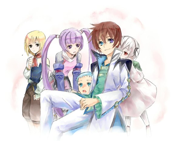 Anime picture 1066x829 with tales of graces sophie (tales) asbel lhant richard (tales) hubert ozwell lambda tagme (artist) long hair blush short hair open mouth blue eyes blonde hair simple background smile red eyes brown hair white background purple eyes blue hair