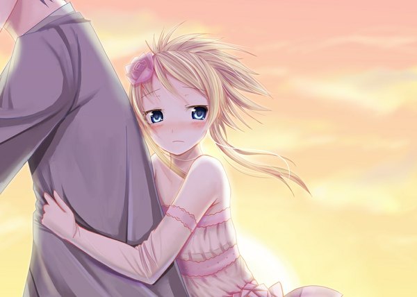 Anime picture 1087x777 with ore no imouto ga konna ni kawaii wake ga nai kousaka kirino aoi usagi (marinebluerabbit) blush short hair blue eyes blonde hair hair flower hug hug from behind girl dress gloves hair ornament elbow gloves