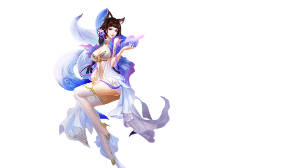 Anime picture 1920x1080 with zhu xian tagme (character) tagme (artist) single long hair looking at viewer fringe highres breasts light erotic brown hair wide image large breasts purple eyes animal ears cleavage full body tail traditional clothes animal tail