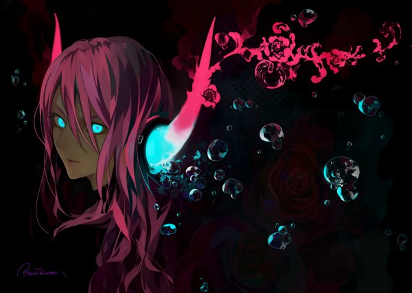 Anime picture 1500x1067 with vocaloid megurine luka tokai kuma single long hair looking at viewer blue eyes simple background pink hair horn (horns) black background girl flower (flowers) headphones rose (roses) bubble (bubbles)