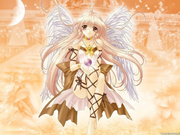 Anime picture 1024x768 with kimizuka aoi animanga single long hair blonde hair red eyes ahoge angel wings angel girl bow ribbon (ribbons) wings star (symbol) moon