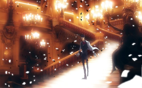 Anime picture 1920x1200 with lupin iii phantom of the opera arsene lupin iii zz highres short hair brown hair wide image eyes closed wind open clothes parody boy gloves petals bowtie mask suit stairs neckerchief
