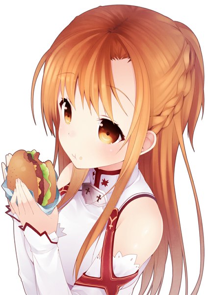 Anime picture 752x1063 with sword art online a-1 pictures yuuki asuna hase neet single long hair tall image simple background brown hair white background bare shoulders brown eyes looking away eating girl detached sleeves hamburger