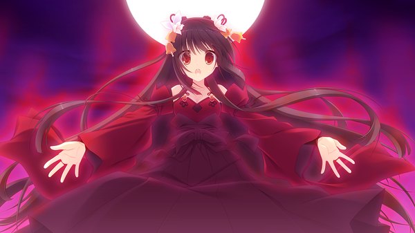 Anime picture 2560x1440 with magical dears takanashi saya single looking at viewer highres open mouth black hair red eyes wide image game cg very long hair glowing girl dress hair ornament detached sleeves moon