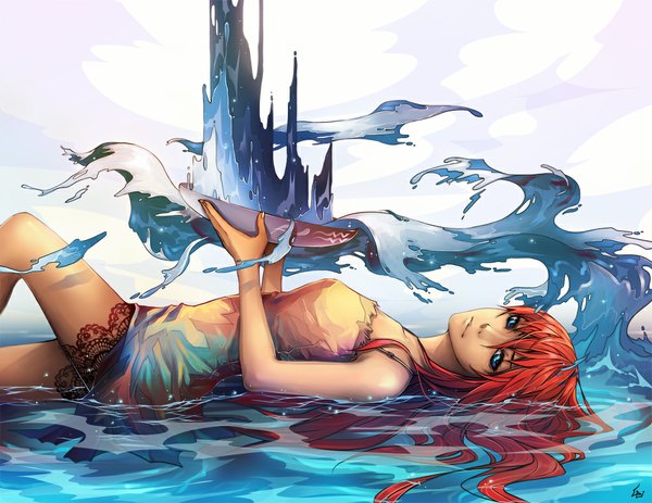 Anime picture 1024x791 with original unodu single long hair blue eyes white background red hair lying zodiac aquarius (zodiac) girl water splashes plate