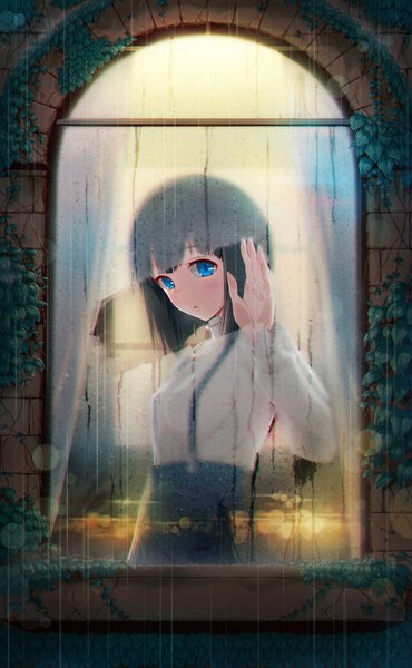 Anime picture 1000x1619 with original 40hara single tall image looking at viewer blush short hair blue eyes black hair rain revision girl plant (plants) window