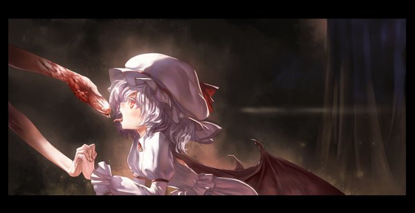 Anime picture 1400x720 with touhou flandre scarlet remilia scarlet yamamomo (plank) blush short hair open mouth red eyes wide image multiple girls looking away purple hair holding hands bat wings vampire girl dress 2 girls wings tongue