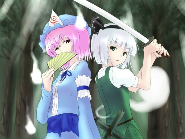 Anime picture 1024x768 with touhou konpaku youmu saigyouji yuyuko myon natsu no koucha japanese clothes girl sword fan