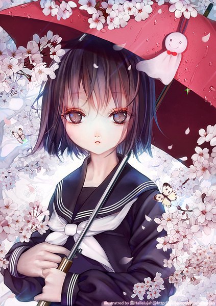 Anime picture 787x1116 with original blue hallelujah single tall image looking at viewer fringe short hair black hair hair between eyes holding brown eyes signed upper body parted lips cherry blossoms watermark eyeshadow makeup girl uniform