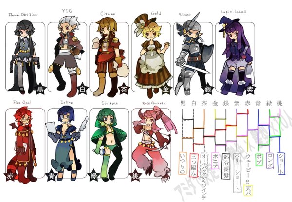 Anime picture 1300x900 with rinju umisu black hair blonde hair blue hair pink hair purple hair white hair red hair horn (horns) pointy ears grey hair group chibi everyone dress weapon hat sword wings glasses