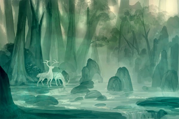 Anime picture 1000x667 with original mianlezhimie standing no people nature green background drinking fog plant (plants) animal tree (trees) water forest stone (stones) deer
