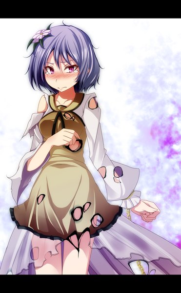 Anime picture 1236x2000 with touhou tsukumo benben s-syogo single tall image blush short hair purple eyes blue hair hair flower tears torn clothes girl dress hair ornament flower (flowers)