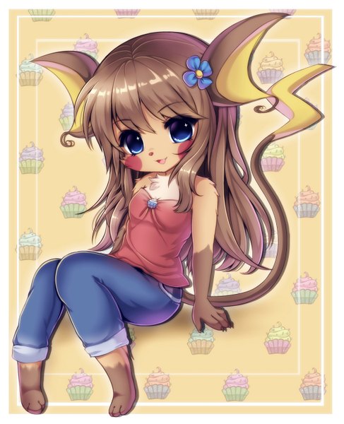 Anime picture 2190x2700 with pokemon nintendo raichu midna01 single long hair tall image looking at viewer blush fringe highres blue eyes smile brown hair tail hair flower gen 1 pokemon girl flower (flowers) jeans