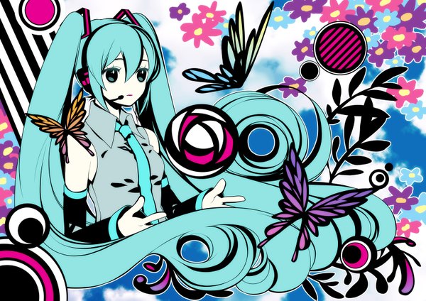 Anime picture 1500x1061 with vocaloid saihate (vocaloid) hatsune miku yoko (shiocolor) single fringe twintails looking away very long hair aqua eyes aqua hair girl flower (flowers) detached sleeves necktie headphones insect butterfly