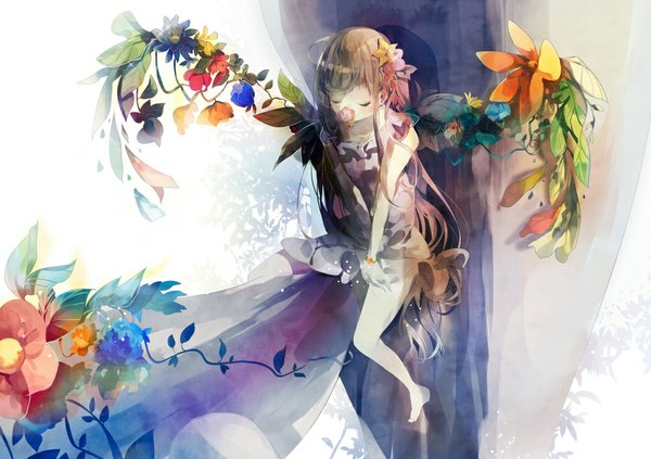 Anime picture 1000x706 with original omutatsu single long hair blush fringe brown hair eyes closed barefoot legs girl dress flower (flowers) plant (plants) wings