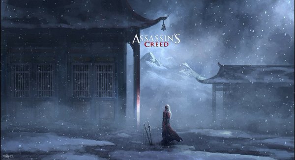 Anime picture 1004x546 with assassin's creed (game) chaoyuanxu single long hair wide image signed white hair inscription copyright name snowing looking up winter snow mountain architecture fog east asian architecture boy weapon belt