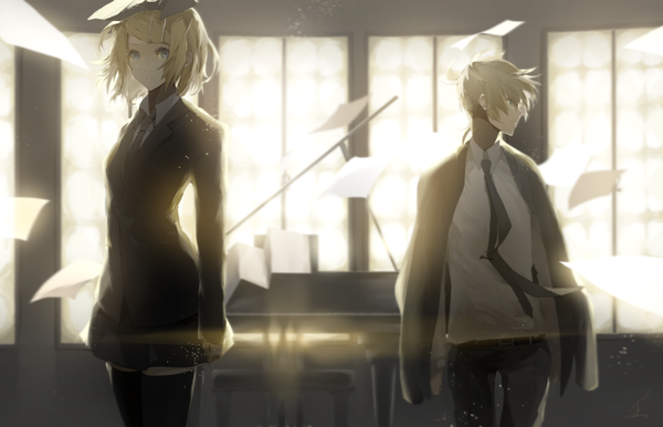 Anime picture 3954x2546 with vocaloid kagamine rin kagamine len saihate (d3) looking at viewer fringe highres short hair blue eyes blonde hair standing looking away absurdres indoors profile brother and sister girl boy shirt necktie