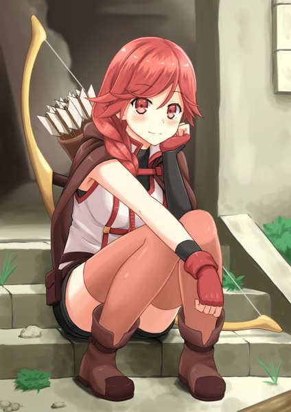 Anime picture 918x1300 with hai to gensou no grimgar a-1 pictures yume (grimgar) kurisu-kun single long hair tall image looking at viewer blush smile red eyes sitting payot full body bent knee (knees) red hair braid (braids) sleeveless outstretched arm girl
