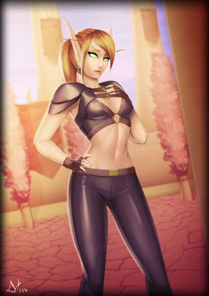 Anime picture 1754x2481 with world of warcraft blizzard entertainment blood elf deilan12 (artist) single long hair tall image looking at viewer fringe highres breasts blonde hair green eyes pointy ears bare belly midriff hand on hip elf girl gloves