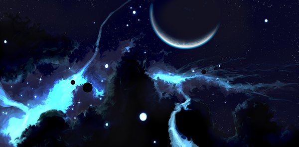 Anime picture 1600x788 with original kamikaye (artist) wide image sky cloud (clouds) night night sky moon star (stars)
