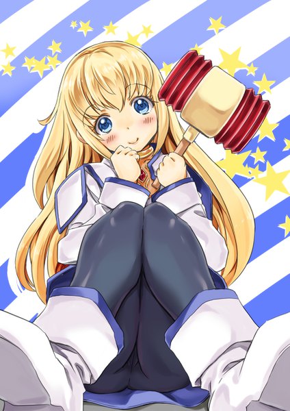 Anime picture 911x1290 with tales of (series) tales of symphonia collet brunel naruse yasuhiro single long hair tall image looking at viewer blush fringe blue eyes light erotic blonde hair smile sitting holding head tilt upskirt shiny clothes striped background