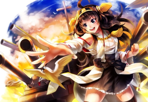 Anime picture 1301x900 with kantai collection kongou battleship kaskia single long hair open mouth smile brown hair sky cloud (clouds) ahoge traditional clothes grey eyes nontraditional miko girl thighhighs hair ornament black thighhighs detached sleeves animal