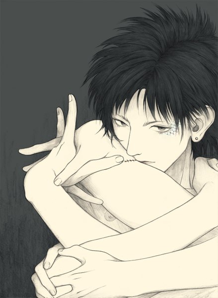 Anime picture 1000x1365 with original honya lala tall image looking at viewer short hair black hair nipples grey background grey eyes scar crossed arms hands behind back arms behind head boy hands