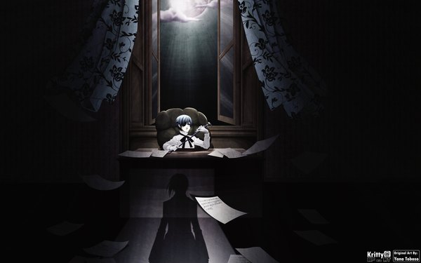 Anime picture 1920x1200 with kuroshitsuji a-1 pictures ciel phantomhive highres short hair black hair wide image wind shadow boy window moon curtains paper
