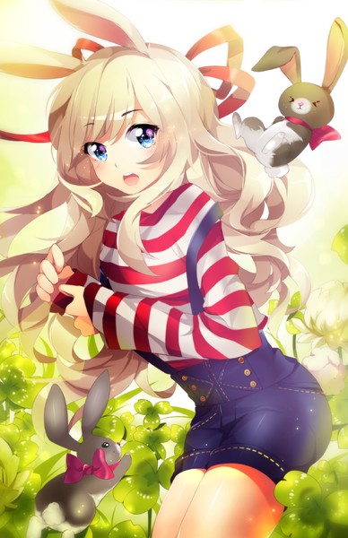 Anime picture 809x1250 with original ifabulicious (original) squchan single long hair tall image blush open mouth blue eyes blonde hair animal ears sunlight bunny ears > < girl bow ribbon (ribbons) plant (plants) hair ribbon animal