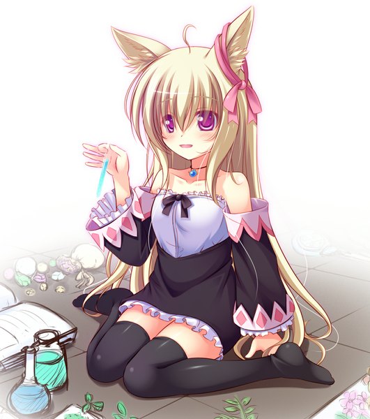 Anime picture 1058x1195 with original psyche3313 single long hair tall image blush blonde hair animal ears pink eyes girl thighhighs ribbon (ribbons) black thighhighs hair ribbon detached sleeves