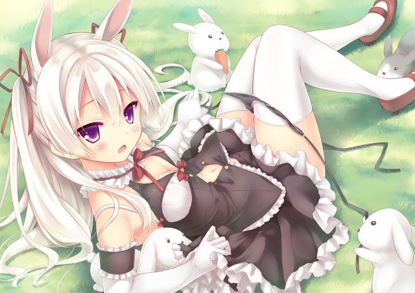 Anime picture 1280x905 with original ryo (botugo) single long hair blush open mouth light erotic purple eyes animal ears white hair bunny ears girl thighhighs dress gloves underwear panties ribbon (ribbons) hair ribbon animal