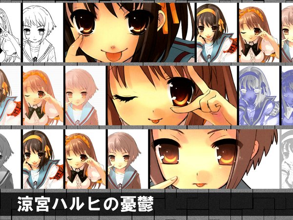 Anime picture 1024x768 with suzumiya haruhi no yuutsu kyoto animation suzumiya haruhi nagato yuki asahina mikuru itou noiji official art akanbe girl