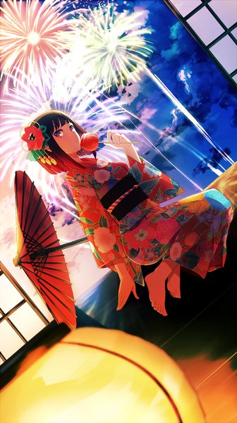 Anime picture 841x1500 with vocaloid achiki single tall image fringe short hair red eyes brown hair sitting holding looking away traditional clothes japanese clothes barefoot hair flower night dutch angle looking up fireworks bob cut