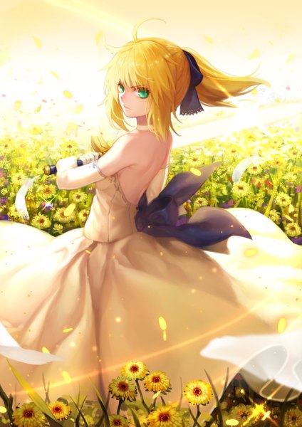 Anime picture 1000x1414 with fate (series) fate/stay night type-moon artoria pendragon (all) saber curry bowl single long hair tall image blonde hair bare shoulders green eyes ponytail looking back sunlight bare back girl dress gloves flower (flowers)