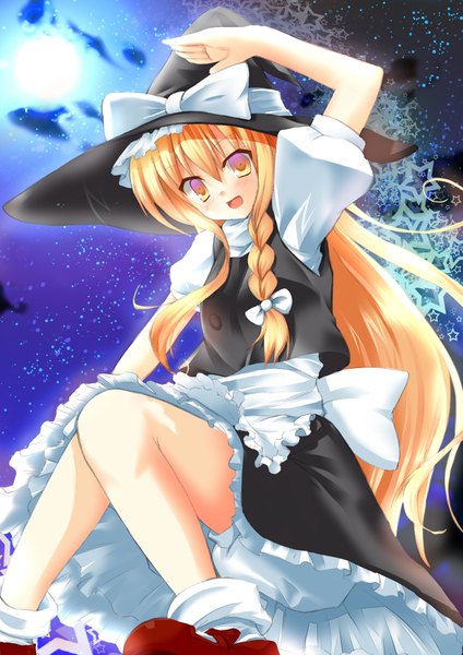 Anime picture 1500x2122 with touhou kirisame marisa inose riko (artist) long hair tall image blush open mouth blonde hair yellow eyes night girl dress skirt bow hat apron witch hat skirt set