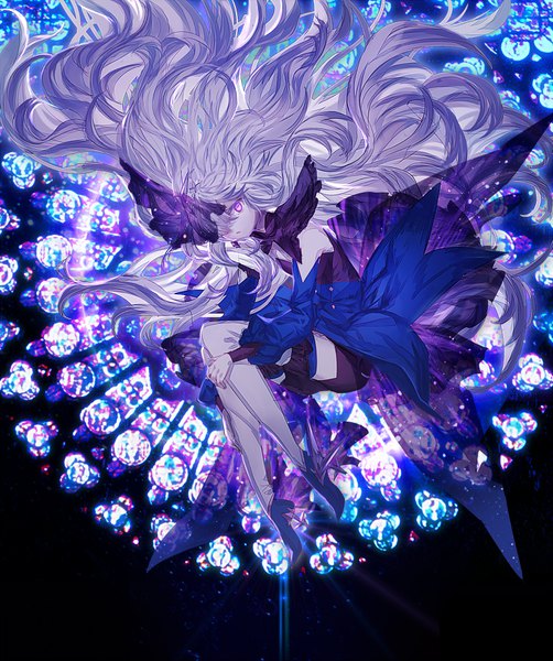 Anime picture 800x955 with original shionty single tall image looking at viewer fringe purple eyes silver hair full body very long hair hair over one eye high heels embryo's pose girl dress detached sleeves boots thigh boots stained glass