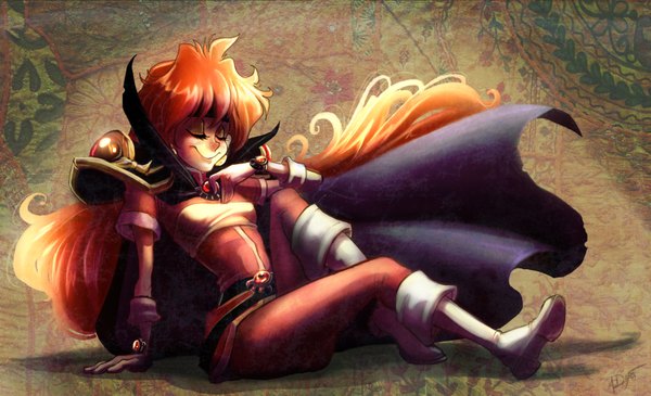 Anime picture 1628x993 with slayers j.c. staff lina inverse pu-sama single long hair smile wide image red hair eyes closed girl gloves choker boots cloak
