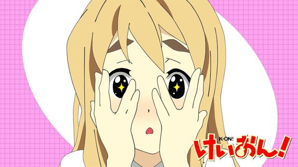Anime picture 1920x1080 with k-on! kyoto animation kotobuki tsumugi single long hair looking at viewer blush fringe highres open mouth blonde hair simple background wide image black eyes copyright name hieroglyph symbol-shaped pupils pink background face covering