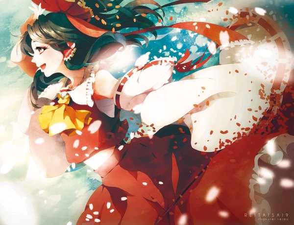 Anime picture 1275x979 with touhou hakurei reimu pepepo (kyachi) single long hair open mouth brown hair bare shoulders profile miko girl bow hair bow detached sleeves petals