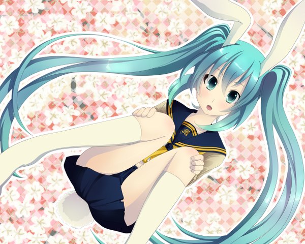 Anime picture 1280x1024 with vocaloid hatsune miku long hair open mouth twintails green eyes animal ears animal tail green hair bunny ears bunny tail girl uniform school uniform white socks knee socks