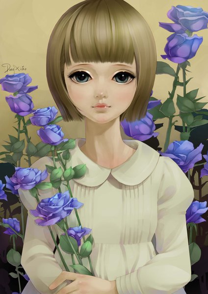 Anime picture 2480x3508 with original dong xiao single tall image highres short hair blonde hair signed lips grey eyes girl dress flower (flowers)