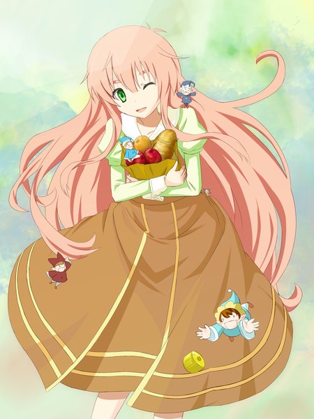 Anime picture 900x1200 with jinrui wa suitai shimashita moyashimon watashi (jintai) fairy (jintai) oryzae-tan bug (artist) tall image looking at viewer open mouth smile green eyes pink hair very long hair one eye closed wink multiple boys fantasy fairy girl dress