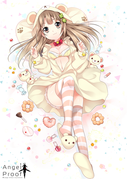 Anime picture 849x1200 with original usagihime single long hair tall image looking at viewer blush breasts light erotic brown hair brown eyes animal ears cleavage lying midriff on back fake animal ears :3 girl thighhighs