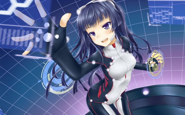 Anime picture 1920x1200 with guilty crown production i.g tsugumi single long hair blush fringe highres breasts open mouth standing purple eyes blue hair blunt bangs from above leaning leaning forward arched back science fiction hime cut